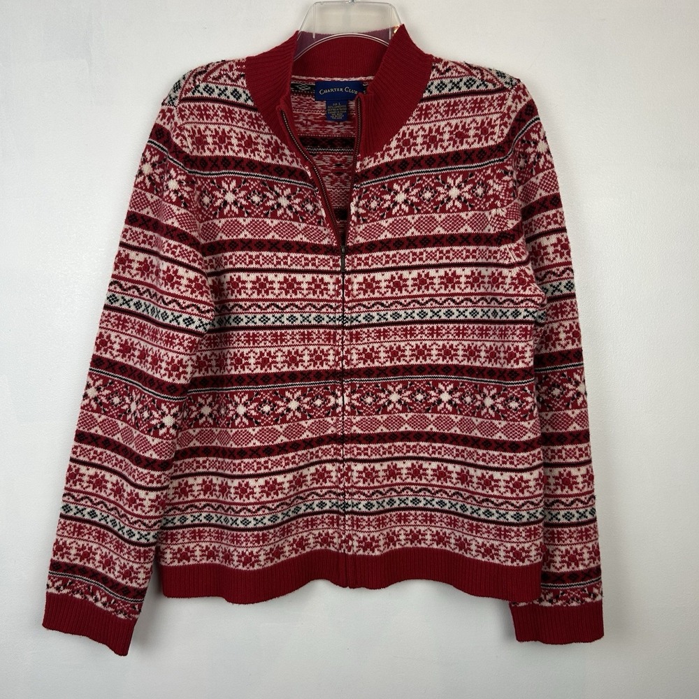 Vintage Wool Sweater Womens Large Red Lambswool Zip Cardigan Christmas Holiday